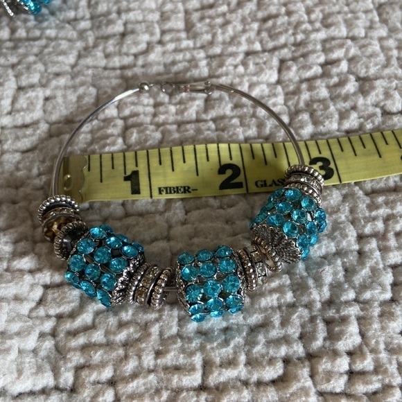 💙 Faux Blue Topaz Rhinestone and Silver Tone Large Hoop Earrings Handmade - Picture 6 of 8